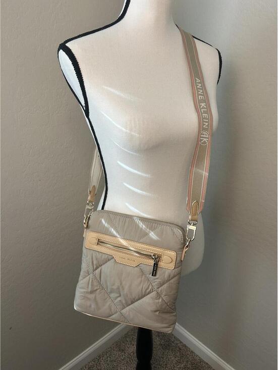 Anne Klein Handbags - Anne Klein Quilted Crossbody Bag Beige Adjustable Logo Strap